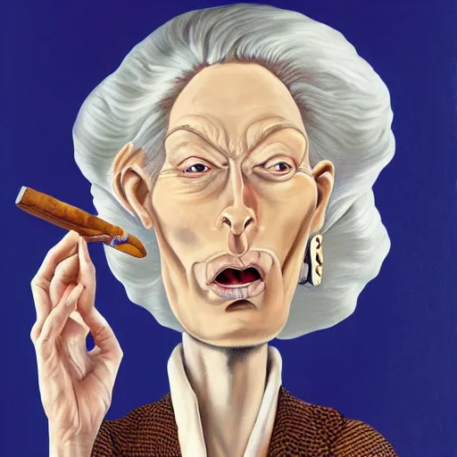 Prompt: an oil painted caricature of tilda swinton with a cuban cigar in her hand, blowing out smoke, by salvador dalí, trending on art station, 4K, studio ghibli color scheme