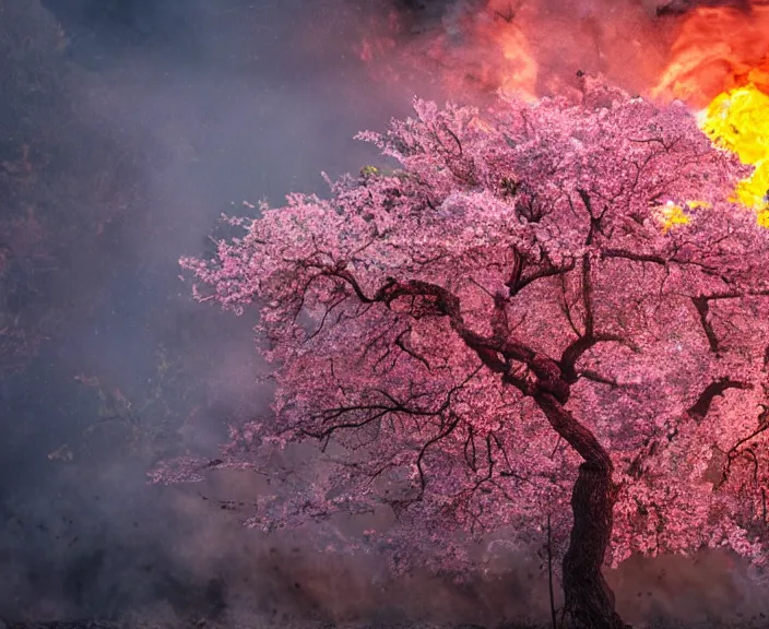 Prompt: 4 k hd, high detail photograph of blossoming tree, apocalyptic scenery, fire, shot with sigma f / 4. 2, 2 5 0 mm sharp lens, wide shot, volumetric lighting, high level texture render