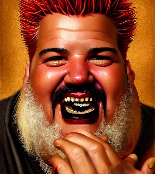 Image similar to portrait of a guy fieri happily gloating sitting upon a table with heightened detail, poised, intense emotion, detailed facial expression, detailed surroundings, intricate, elegant, highly detailed, centered, digital painting, artstation, concept art, smooth, sharp focus, illustration, by ( leonardo da vinci ), wlop