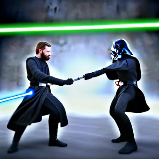 Image similar to ultra detailed picture of a fight between darth vador and obi wan kenobi where they each have only one lightsaber in their hand, unreal engine, extremely detailed, epic, dark, highly realistic, beautiful, ultra hd, extremely realistic faces