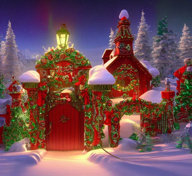 Prompt: a very detailed concept art of intricate and well designed jingle bell gates to santa's northpole, infused with aurora borealis, dynamic lighting, trending on artstation, path traced, highly detailed, high quality, digital painting, digital art, 4 k, hyper realistic, octane render, sharp focus