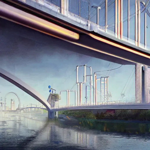 Prompt: futuristic provencher bridge in winnipeg manitoba, victor einrich, gregory crewdson, ian mcque, liam wong, john berkey, simon stalenhag,