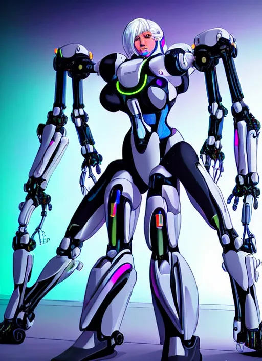 Image similar to a slim woman with long white hair and dark skin in a hyperdetailed MECHA with biomechanical powered exoskeleton inside a white science lab, neon colors