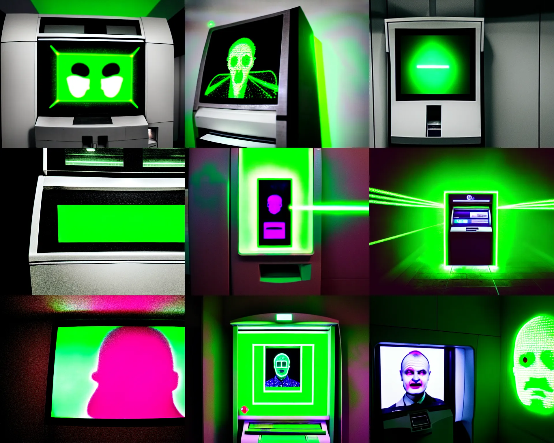 Prompt: photo of an atm screen with a face and many green laser beams shooting out in all directions from the atm screen, medium shot, in the style of juergen teller