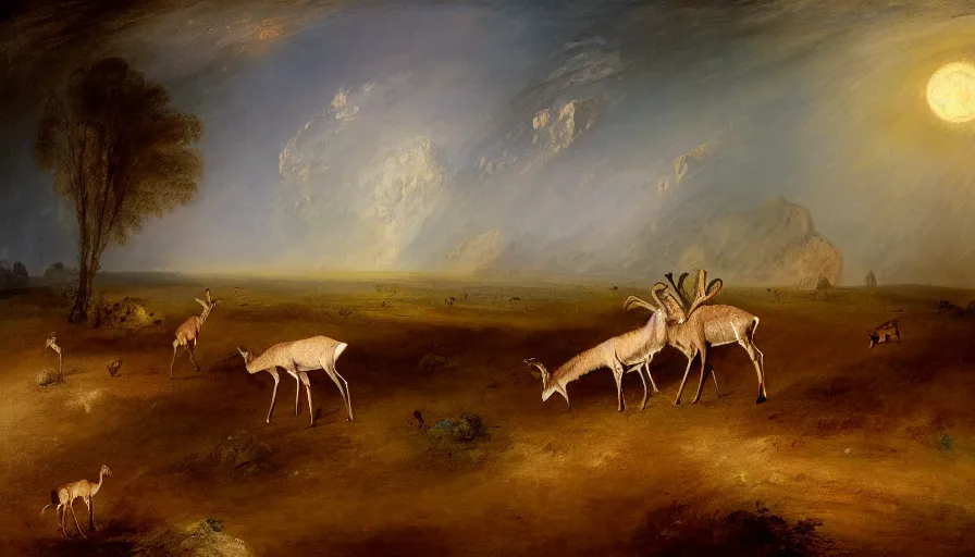 Prompt: highly detailed painting of antelopes in a small square flower garden on the dry grey cratered surface of the moon by william turner, thick brush strokes and visible paint layers, 4 k resolution