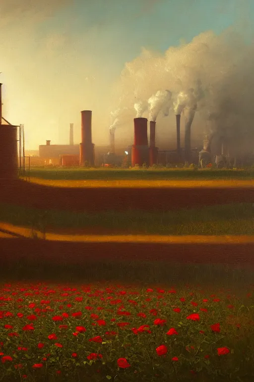 Image similar to a beautiful painting of a factory with smoking chimneys, red rose fields, dark style, little roses, very detailed, soft light effect, stable pipeline, super wide, big scene, by albert bierstadt, 4 k hd, trending on artstation ， ultrawide viewn and highly detailed, ultrawide lens, very high detailed