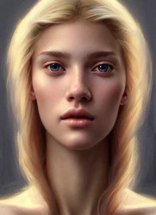 Image similar to beautiful face! portrait of young woman blessed with ever - increasing physical and mental perfection, realism, blonde hair, perfect face!! intricate, elegant, highly detailed, vision of holy perfection!! digital painting, artstation, concept art, smooth, sharp focus, illustration, humanity, art by artgerm and greg rutkowski and alphonse mucha