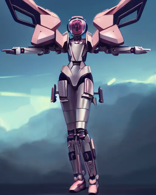 Image similar to uncropped retro feminine mecha ( with futuristic jet armor and wings ) with a heart visor helmet, symphogear, full body character portrait, hi - tech, trending on artstation, raver armor, digital painting, concept art, sharp focus, illustration, art by wlop and greg rutkowski