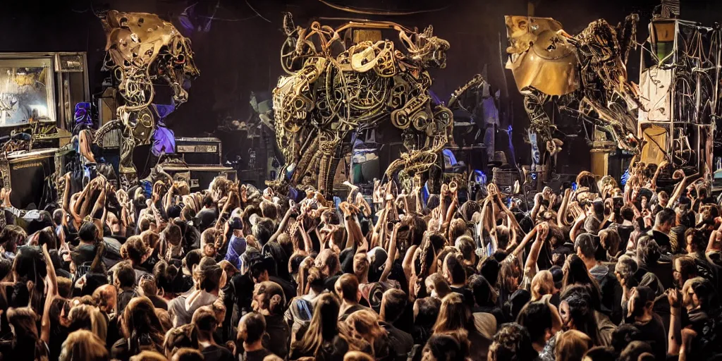 Image similar to a crowd of elephants and lizards robots playing steampunk futuristic instruments in a grindcore show