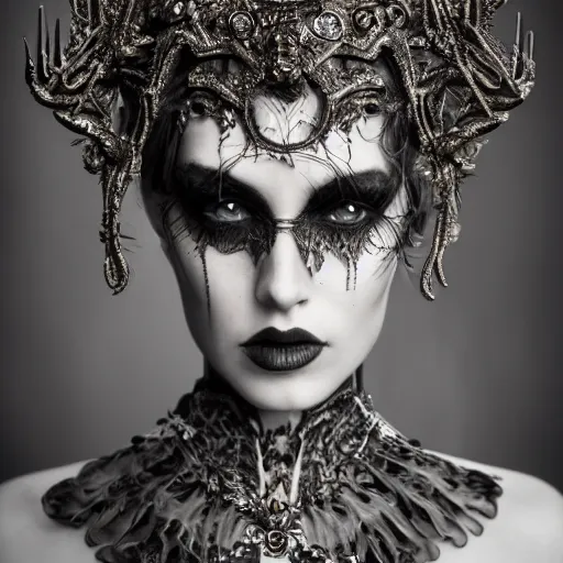 Image similar to a portrait of female model by stefan geselle and nekro borja, photorealistic, intricate details, hyper realistic, dark fantasy, ornate headpiece, dark beauty, photorealistic, canon r 3, photography, wide shot, photography, dark beauty, symmetrical features, wide angle shot