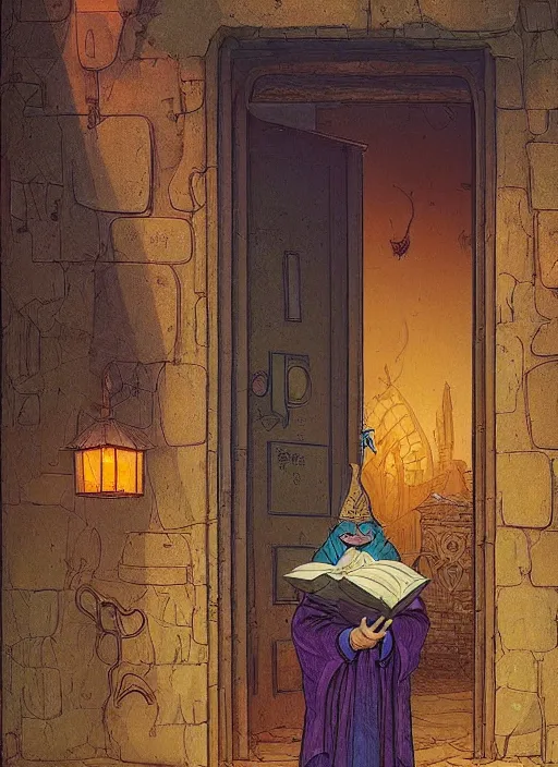 Prompt: an old wizard in robes holding a book standing in front of an elaborate ancient wooden door, beautiful colourful fantasy rendering, William Stout, Simon Stälenhag, ilm, beeple, N.C. Wyeth