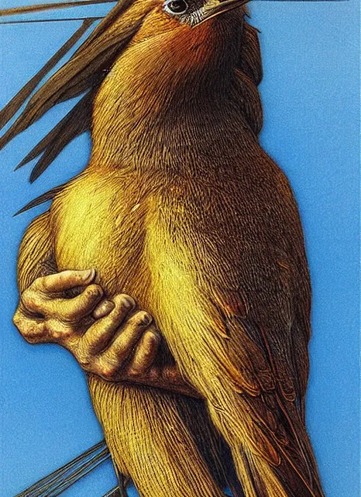 Image similar to a bird with two human hands, hyperrealism, no blur, 4 k resolution, ultra detailed, style of carlos schwabe