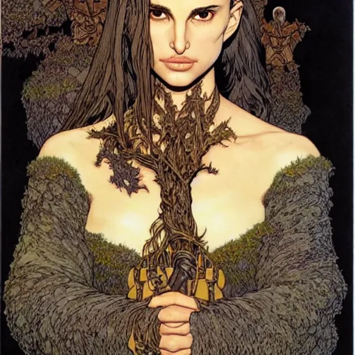 Image similar to a realistic, very beautiful and atmospheric portrait of a young natalie portman as a druidic warrior wizard looking at the camera with an intelligent but seductive gaze by rebecca guay, michael kaluta, charles vess and jean moebius giraud