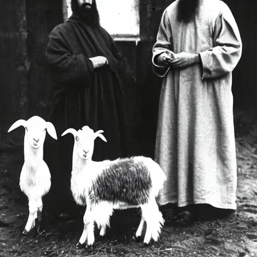 Image similar to photo of breton monks looking like rasputin, with a goat