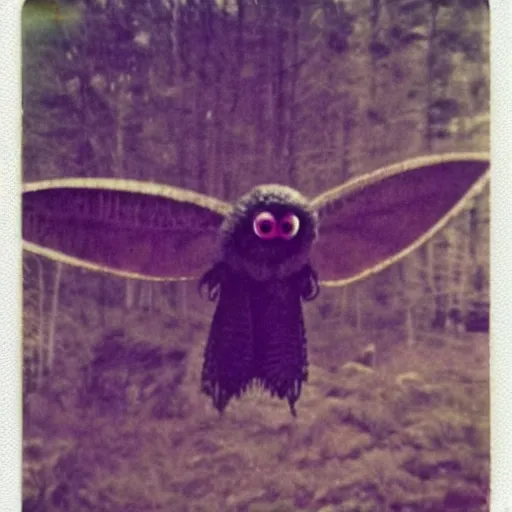 Prompt: mothman flying at the camera, polaroid, blurry, scary, found footage horror, terrifying