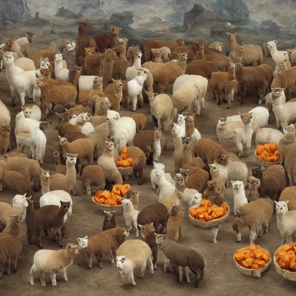 Prompt: Cat Jesus feeding 5000 alpacas with two fish and a tangerine