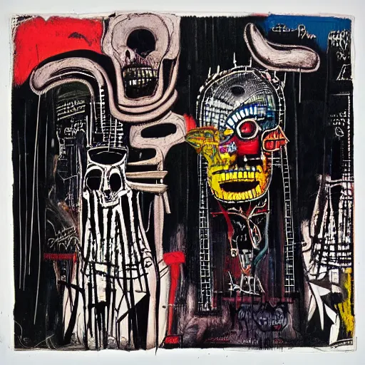 Image similar to album art designed by Giger and Basquiat for a colorful dark wave band.