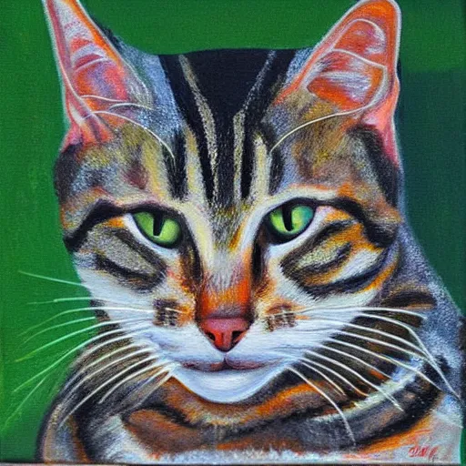 Prompt: Portrait of tabby cat, fine art, pastoral, by John Emms