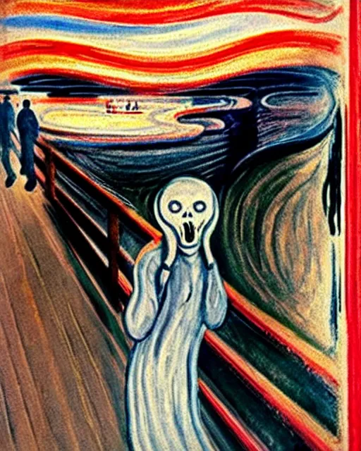 Image similar to a painting of ghostface in the scream by edvard munch