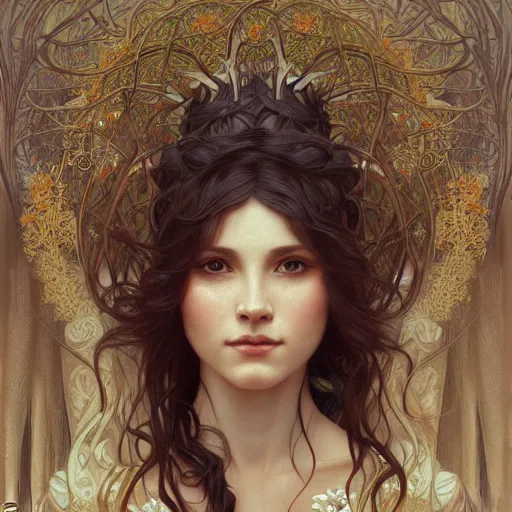 Prompt: portrait of forest goddess, intricate, elegant, highly detailed, digital painting, artstation, concept art, smooth, sharp focus, illustration, art by artgerm and greg rutkowski and alphonse mucha and william - adolphe bouguereau