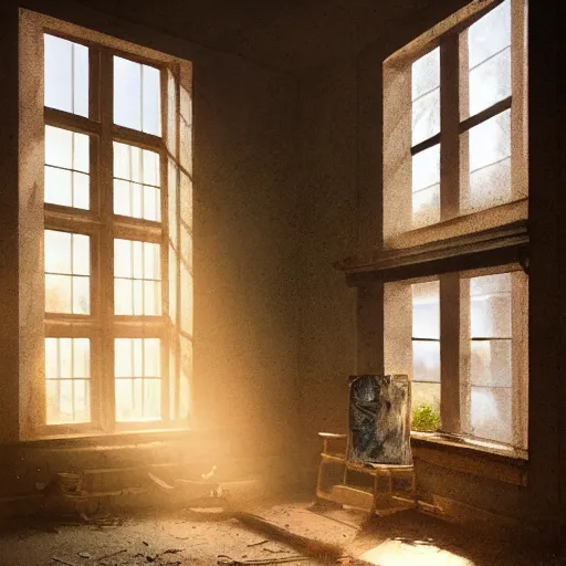 Prompt: the interior of an old abandoned house, an oak tree grows inside, golden rays of sunlight enter through the window, digital art, trending on artstation, matte painting, concept art, drawn by greg rutkowski, inspired by johannes vermeer, warm colors