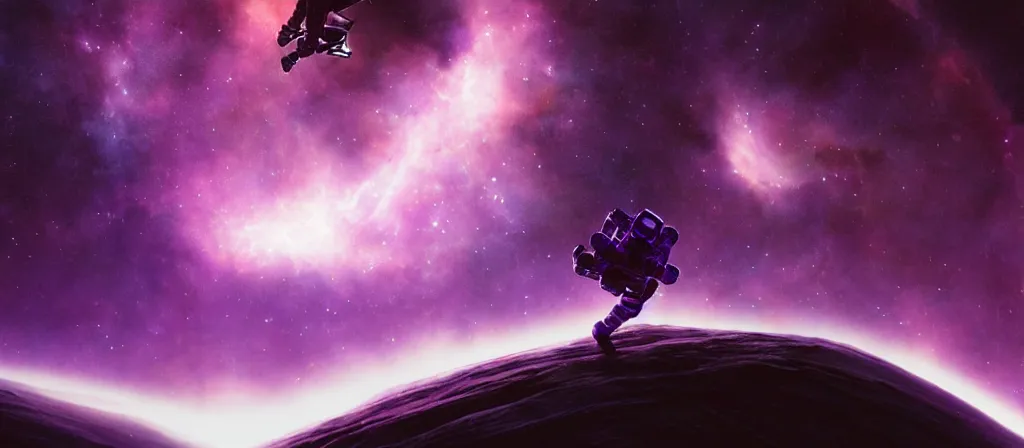 Prompt: extreme close up, astronaut on purple [ [ [ crystal ] ] ] caves, amethyst, beautiful dynamic lighting, nebula sky, cinematic, wide angle establishing shot, extremely high detail, photo realistic, cinematic lighting, matte painting, interstellar, greg rutkowski, roger deakins