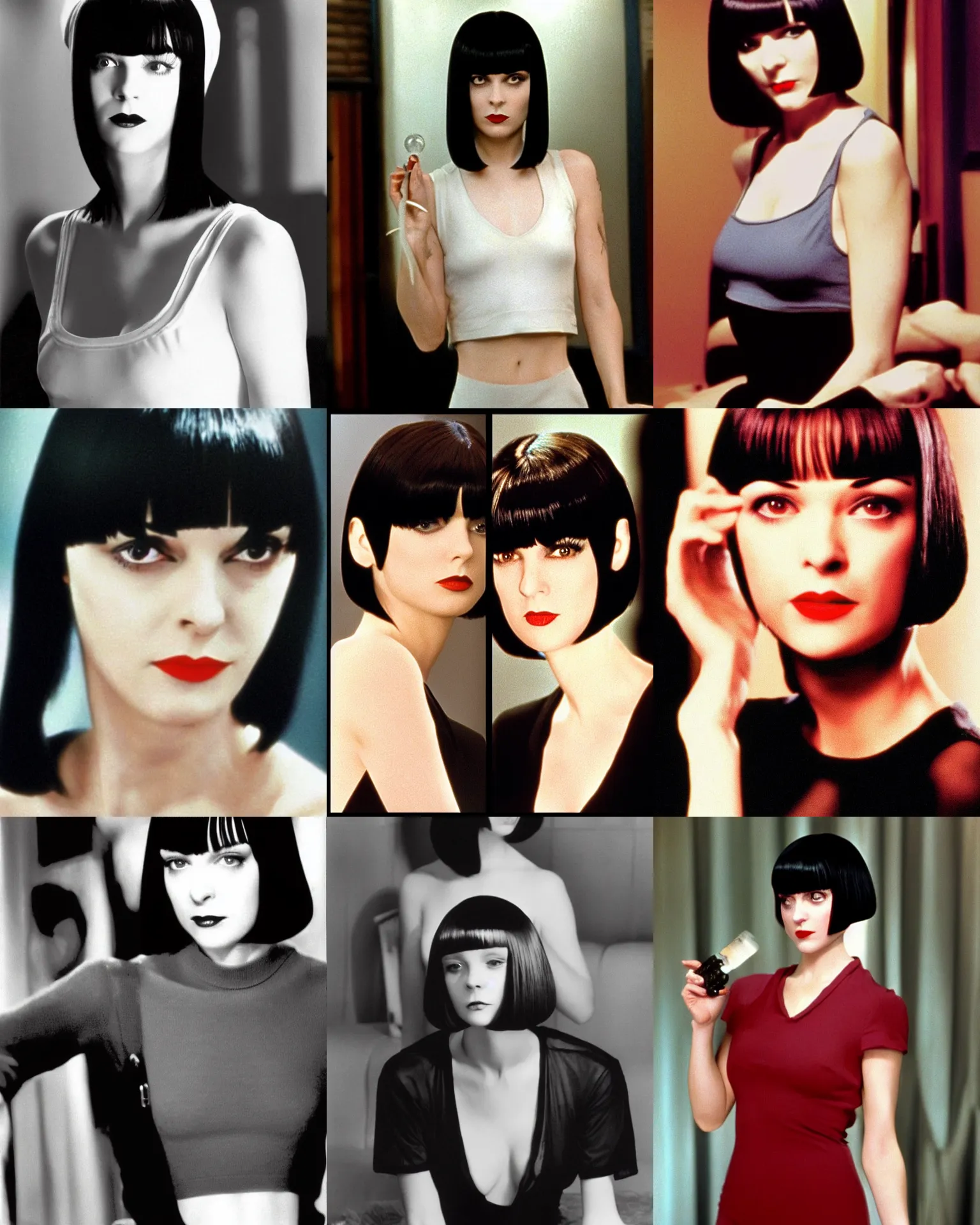 Prompt: mary louise brooks 2 5 years old as mia wallace, in pulp fiction 1 9 9 4, bob haircut, film still