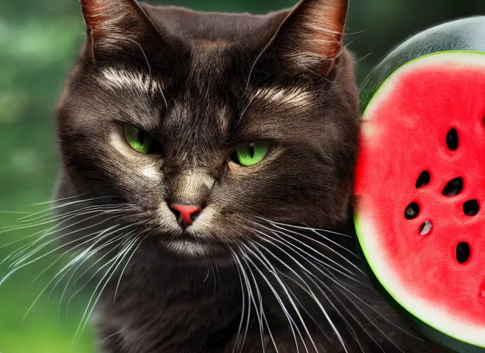 Image similar to photo of a cat wearing a helmet made of a watermelon. fantasy horror style. highly detailed 8 k. intricate. lifelike. soft light. nikon d 8 5 0 5 5 mm. dof. cinematic post - processing.