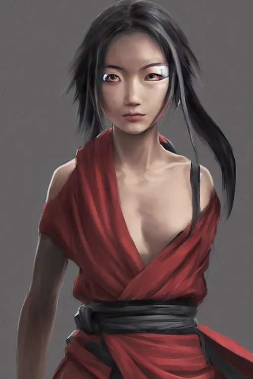 Image similar to native japanese young woman dressed like shinobi ninja, focused stare, partially masked, highly detailed, photorealistic render, digital painting, trending on artstation, character design, overcast weather