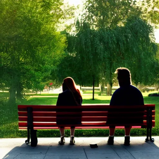 Prompt: a couple sitting on a park bench, volumetric lighting