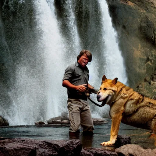Image similar to steve irwin playing with dingo and crocodile in front of waterfall, epic detailed cinematic award winning profile photography 8 k