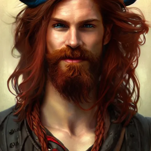 Image similar to portrait of a young ruggedly handsome but joyful pirate, male, masculine, upper body, red crimson hair, long hair, fantasy, devious smirk, intricate, elegant, highly detailed, digital painting, artstation, concept art, matte, sharp focus, illustration, art by artgerm and greg rutkowski and alphonse mucha