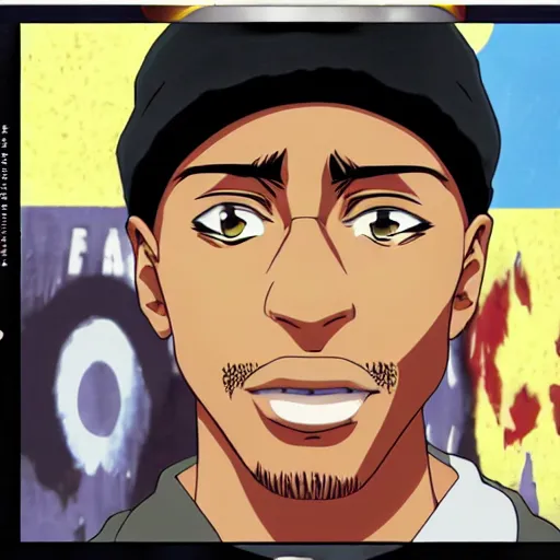 Image similar to Tupac Shakur, screenshot from a 2012s anime