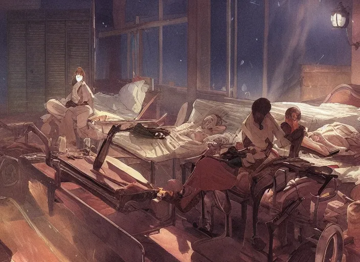 Image similar to 1 8 5 4 crimean war, army hospital in scutari at night, wounded patients in beds on both sides of hospital ward, finely detailed perfect art, painted by greg rutkowski makoto shinkai takashi takeuchi studio ghibli