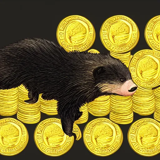 Image similar to a honey badger sitting on a large pile of gold coins, animated, digital art, trending on artstation, 4 k