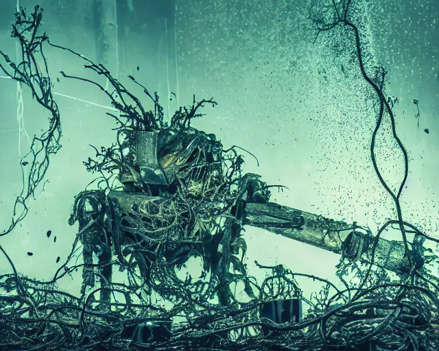 Prompt: metal complex heavy machinery creature, head, plants covered in slime, tree roots strangled, glass debris pieces, dust particles, dramatic lighting, electronic wires, fire sparks, high resolution photo,