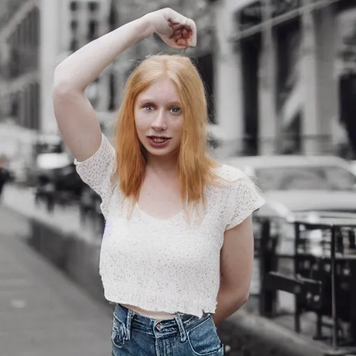 Image similar to Portrait photograph of a Strawberry-Blonde Girl, Young Beautiful Face, Green Eyes, Freckles, Wearing a white crop-top and jeans, with a subtle smile, Humans of New York Style, Leica Camera 50mm lens, street photography, aesthetic canon of proportions, grainy film photo