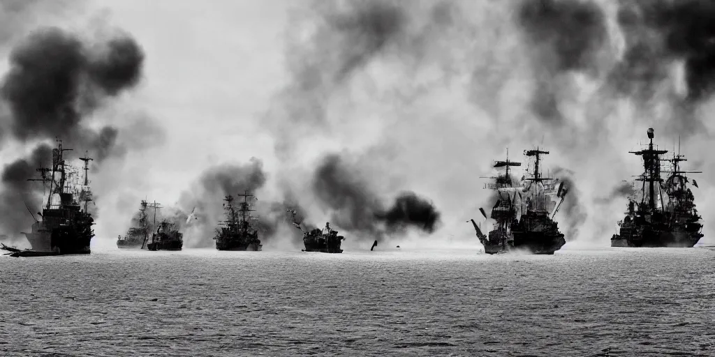 Prompt: naval battle between steampunk cruisers, bombshells firing, clouds of smoke, wide shot, high res, 120 black and white film
