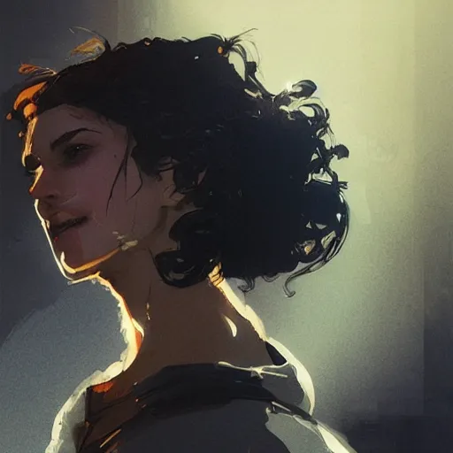 Prompt: a beautiful girl with short curly brown hair in a ponytail, a pointy chin, a sly smile, dramatic lighting, illustration by Greg rutkowski, yoji shinkawa, 4k, digital art, concept art, trending on artstation