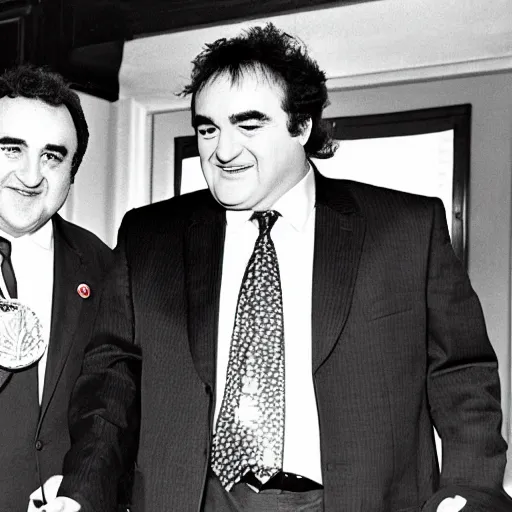 Image similar to john belushi with the face of prime minister gordon brown, wearing a tracksuit and huge gold medallions