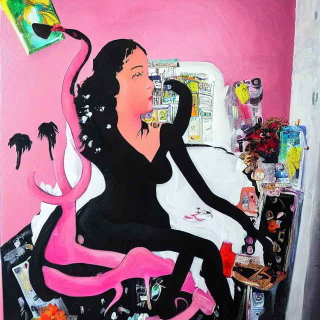 Image similar to a portrait in a female artist's bedroom, black walls, emo girl riding an inflatable flamingo, sheet music, berries, surgical supplies, pancakes, black flowers, sensual, octopus, neo - expressionism, surrealism, acrylic and spray paint and oilstick on canvas