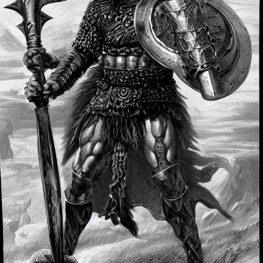 Image similar to Portrait of Conan the conqueror , in a horned helmet, scant chainmail armor, wielding an axe, muscular male, fantasy, extremely detailed, mixed media comic book style illustration, artstation, fantasy art, sharp focus, perfectly symmetrical facial features, intimate lighting, art by Frank Frazetta, Simon Bisley and Bill Sienkiewicz , hyperrealism, dark fantasy, foreboding atmosphere, perfect ratio, hyperdetailed, highest resolution, heavily detailed and complex