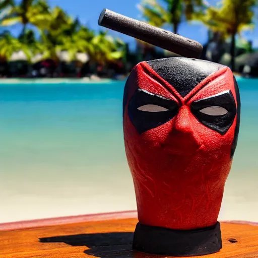 Prompt: a closeup photorealistic photograph of a deadpool style tiki mug sitting at a trader vic's beach bar featuring the face of deadpool. tiki party. bright scene. fine detail. this 4 k hd image is trending on artstation, featured on behance, well - rendered, extra crisp, features intricate detail, epic composition and the style of unreal engine.