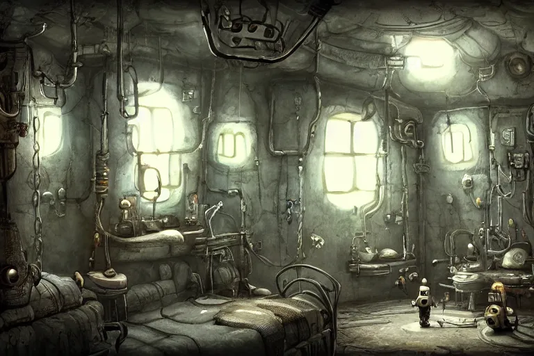 Prompt: A beautiful painting of interior of room with metal pipes in machinarium by yann souetre, Trending on artstation.