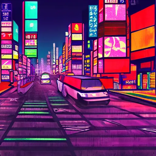 Prompt: neon tokyo night city pixiv scenery art