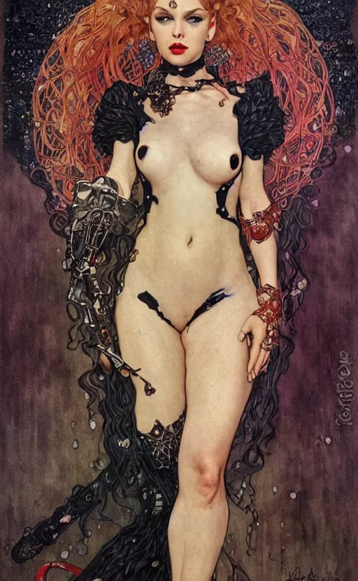 Image similar to full length portrait of a woman who is a mix cookie monster and taylor swift, sorcereress using dark seduction magic, d & d, medieval, fantasy, royo, klimt, miro, vallejo, frazetta, alphonse mucha, greg rutkowski, whealan