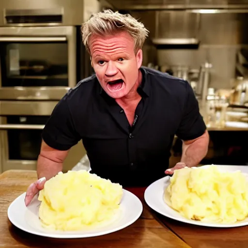 Image similar to < photo hd trending > gordon ramsey yells at an incredibly oversized plate of mashed potatos < photo >