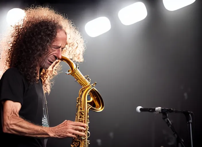 Image similar to photo still of kenny g on stage at vans warped tour!!!!!!!! at age 4 8 years old 4 8 years of age!!!!!!! playing saxophone, 8 k, 8 5 mm f 1. 8, studio lighting, rim light, right side key light