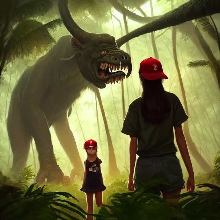 Prompt: cute young girl, wearing baseball cap, lonely, jungle clothing, standing next to a towering demonic beast, jungle setting, bokeh, sharp focus, character art, illustration, digital painting, trending on artstation, greg rutkowski.