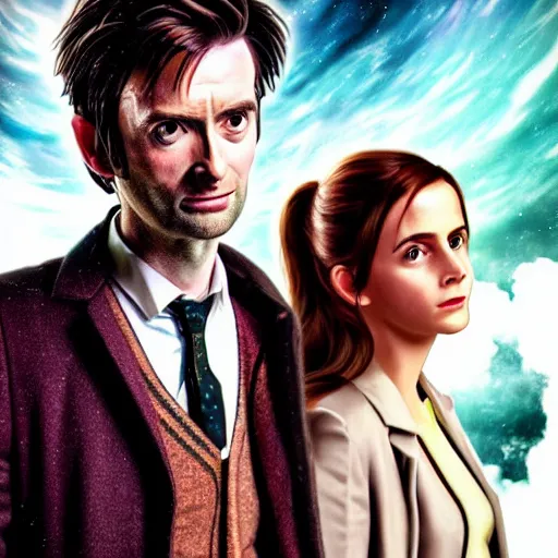 Image similar to david tennant as tenth doctor who and emma watson as hermione granger in tardis, a colorized photo by hinchel or, tumblr, fantastic realism, colorized, handsome, da vinci